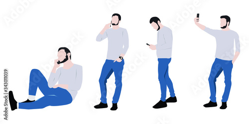 Young Men calling by phone. Men calling,chatting,taking selfie by smartphone vector character illustration set.