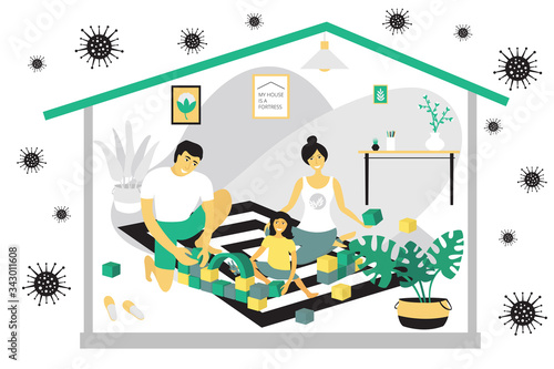 Quarantine self-isolation. Happy family plays cubes at home. Father and mother plays with daughter. Modern flat design concept of pastime at home. Vector illustration isolated on white background.
