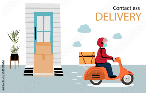 Online delivery contactless service to home,office by bicycle. delivery man is wearing mark to prevent coronavirus