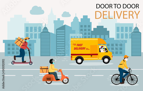 Online delivery contactless service to home,office by bicycle, bike, truck, scooter. delivery man is wearing mark to prevent coronavirus in city