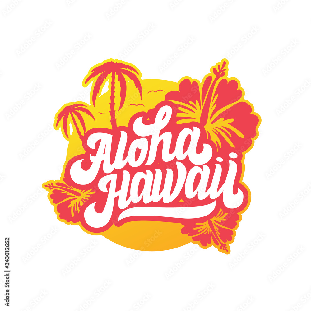 Aloha hawaii floral t-shirt print. Summer paradise phrase. Surfing related apparel design - obrazy, fototapety, plakaty 