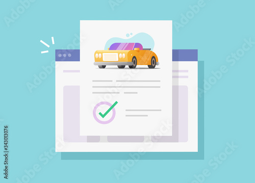 Car or vehicle insurance contract policy document online with approved checkmark or automobile loan finance warranty agreement verified vector flat cartoon illustration, auto rent purchase concept