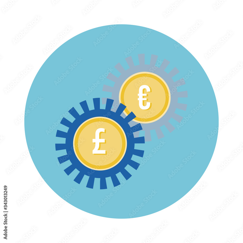 euro and sterling pounds coins gears block style euro and sterling pounds coins gears block style