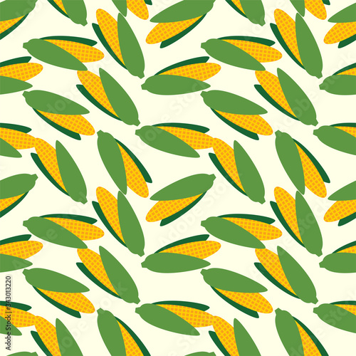 Vegetable pattern. Seamless pattern with corn on a light yellow background. Vector 8 EPS.