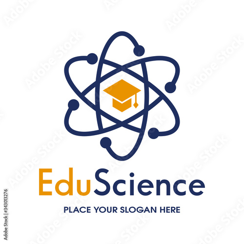 Education Science vector logo template. This design use student hat and atomic symbol. Suitable for learning business.