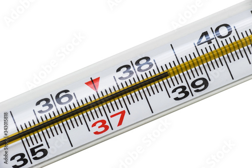 the thermometer shows a high body temperature of 38.7, fever, isolated on a white background