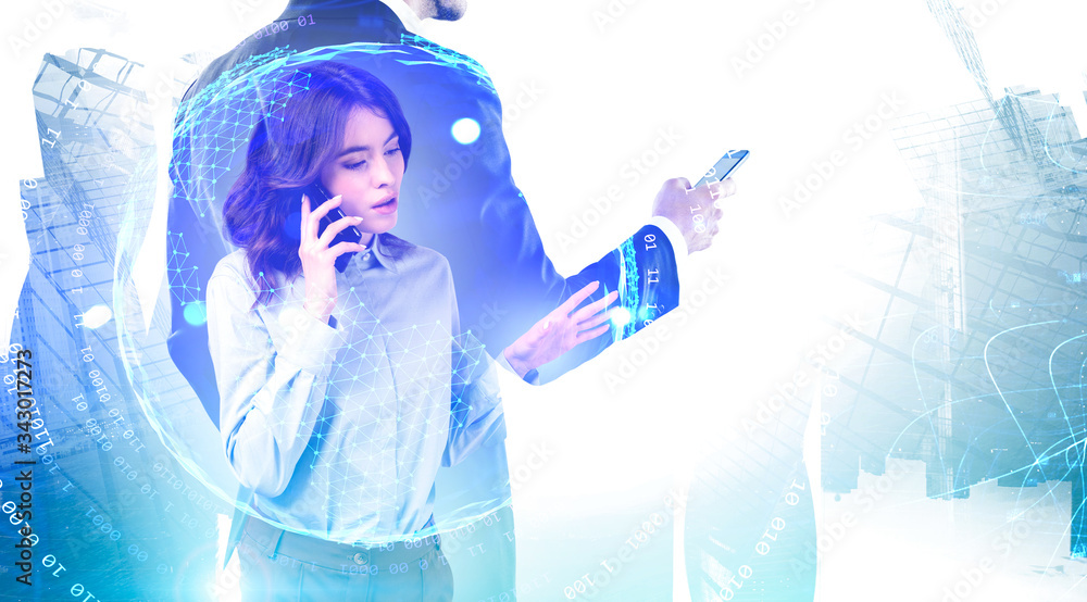 Man and woman on phone in city, internet Man and woman on phone in city, internet