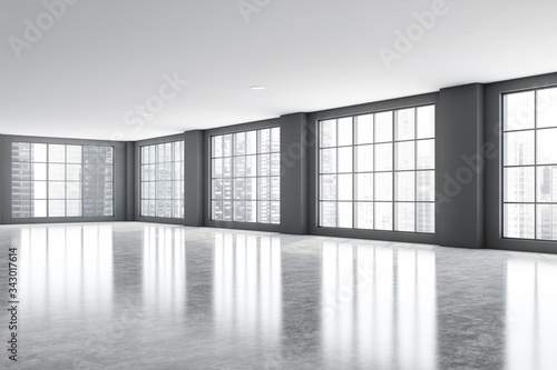 Empty gray office room corner with windows