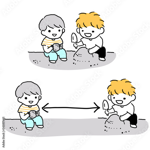 social distancing　距離をとって遊ぶ男の子たち
