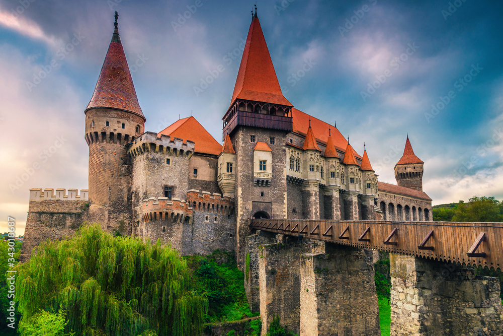Admirable tourist attraction with medieval Corvin castle, Hunedoara, Transylvania, Romania