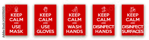 keep calm and use mask, gloves, wash disinfect hands and surfaces illustration banner. red classic poster coronavirus covid with icon head of a man in face mask. motivational poster design for print