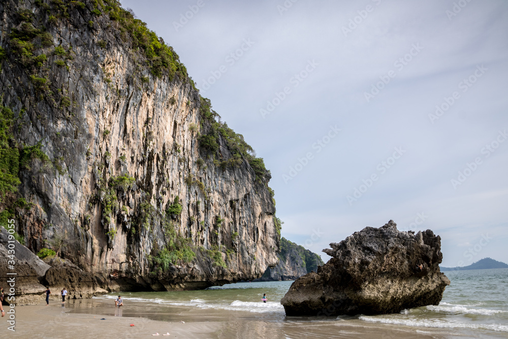 Tropical wild beach and Cliff in Hat Chao Mai National Park, Sikao, Trang, Thailand