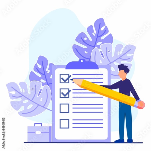 Young business people with giant pencils in their hands are marked with checklists on clipboard paper. Successfully complete business assignments. Flat vector illustration.
