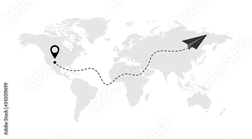 Send line web symbol of air plane flight route with start point and dash line trace isolated on white background