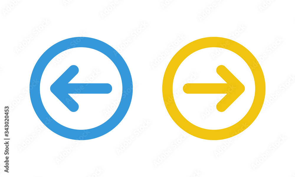 blue left and yellow right arrows, round thin line vector signs blue left and yellow right arrows, round thin line vector signs