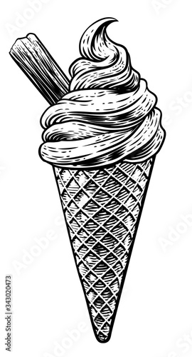 An ice cream cone with chocolate in a vintage retro woodcut etching style