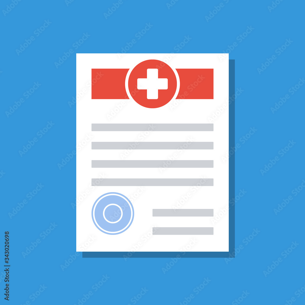 paper medical document with blue round stamp, flat vector illustration paper medical document with blue round stamp, flat vector illustration