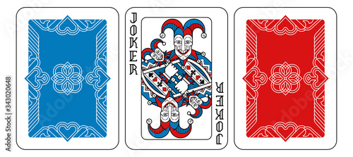 A playing card Joker and reverse or back of cards in red, blue and black from a new modern original complete full deck design. Standard poker size.