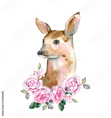 Watercolor Baby Deer Hand Painted Fawn Illustration isolated on white background. Watercolor deer in flowers of roses