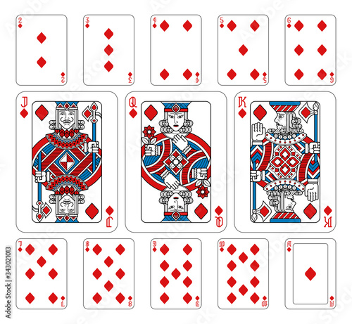 Playing cards diamonds set in red, blue and black from a new modern original complete full deck design. Standard poker size.