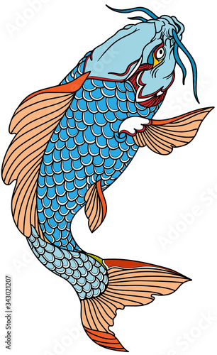 blue koi carp fish swimming up. Tattoo. Isolated vector illustration
