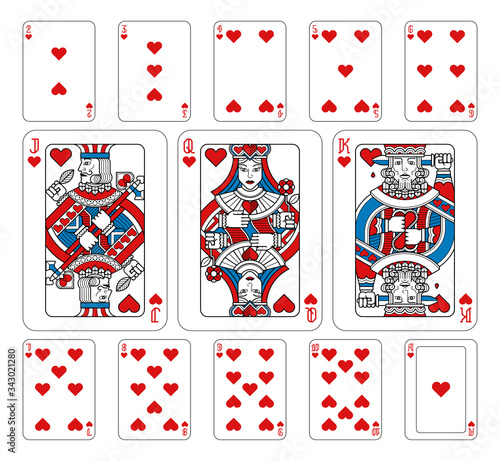 Playing cards hearts set in red, blue and black from a new modern original complete full deck design. Standard poker size.