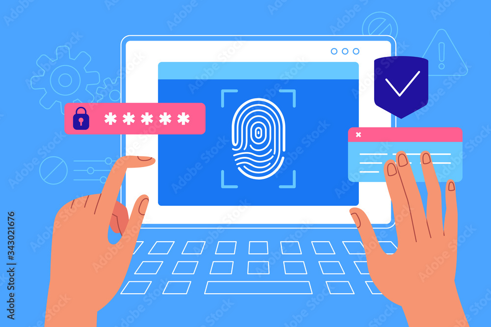 Vector illustration in flat simple style with characters - online security concept - personal data protection with biometric technologies Vector illustration in flat simple style with characters - online security concept - personal data protection with biometric technologies