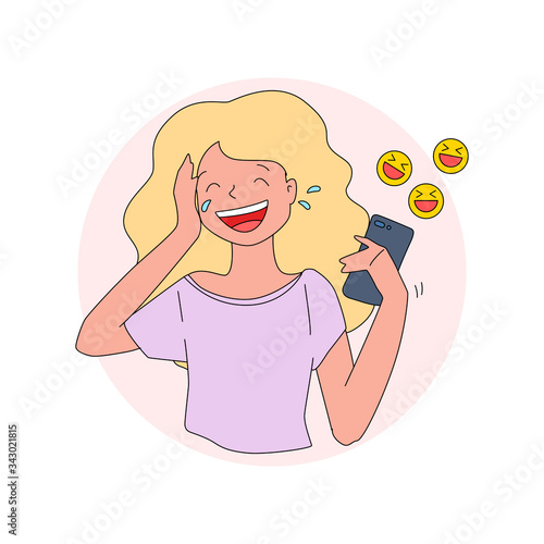  Laughing girl with a phone. Illustration of a young girl laughing to tears when reading a message using a mobile phone. Vector 8 EPS.