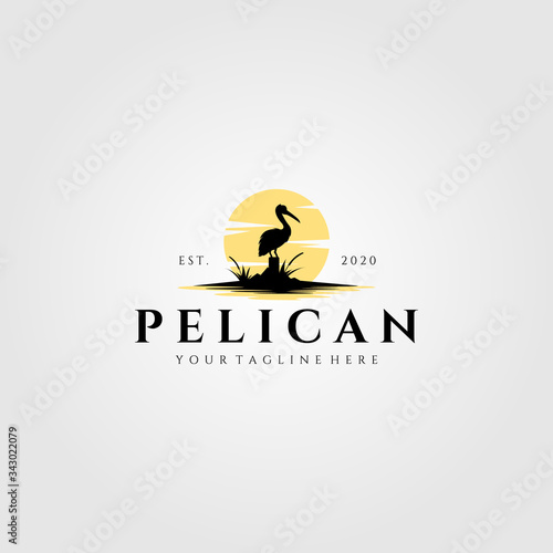 pelican bird logo vintage with sun background vector illustration design
