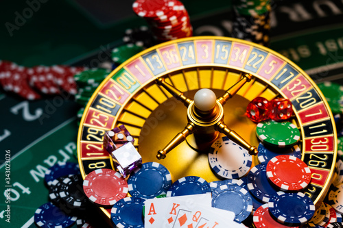 Casino set with Roulette, cards, dice and chips