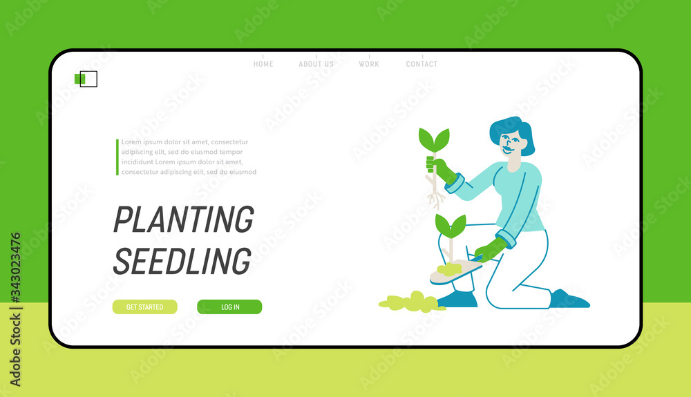 Female Enjoying Plants Gardening Hobby Landing Page Template. Woman Gardener or Florist Character Working in Garden or Home Backyard Orangery Planting Flowers or Veggies. Linear Vector Illustration