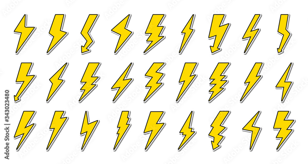 Lightning bolt signs. Yellow lightning bolt stickers. Vector