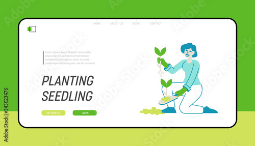 Female Enjoying Plants Gardening Hobby Landing Page Template. Woman Gardener or Florist Character Working in Garden or Home Backyard Orangery Planting Flowers or Veggies. Linear Vector Illustration