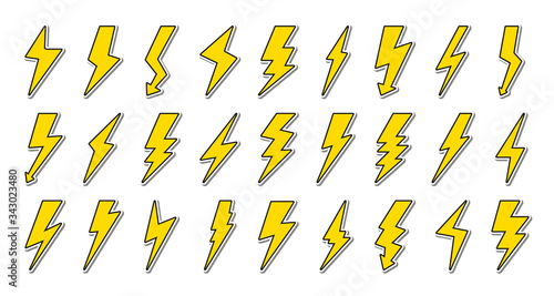 Set of yellow lightning bolt with black contour. Icons in style 80s-90s. Great for patch, badges, sticker with shadow. Symbol energy and thunder, electricity. Flash emblem Isolated vector illustration