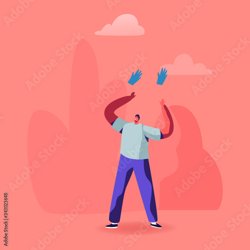 Happy Male Character Throw in Air Useless Medical Gloves Celebrate Covid19 Pandemic Finish. Coronavirus Quarantine End Concept. Happiness, Freedom, Stop Lockdown, Victory. Cartoon Vector Illustration