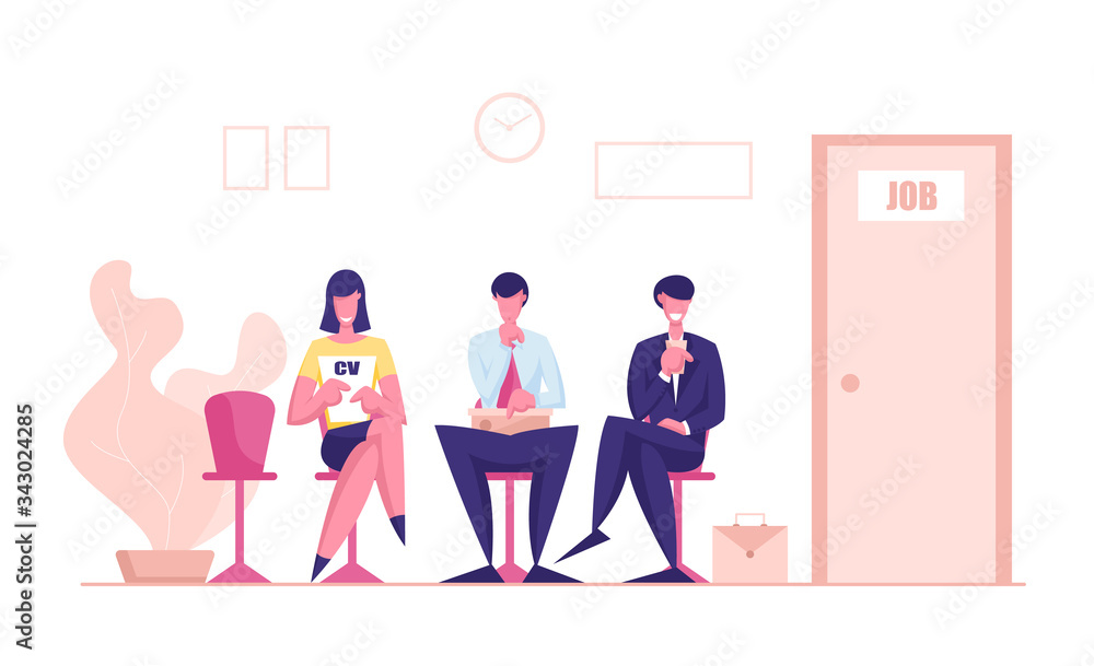 Young Men and Woman Candidates Characters with Cv Sitting on Chairs in Waiting Room Setting Mind Up Before Job Interview or Meeting with Potential Business Partners. Cartoon People Vector Illustration