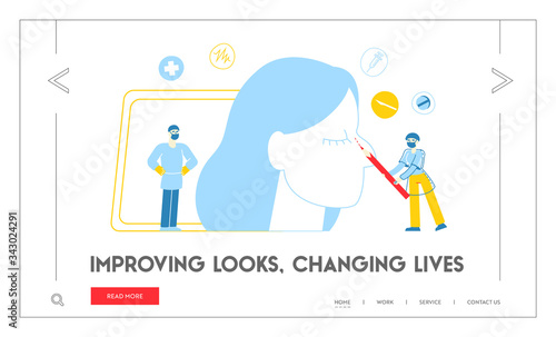 Staff with Medical Tool Knife Emergency Treatment, Health Care Landing Page Template. Surgeon Character with Scalpel Prepare to Make Operation in Surgery Room in Hospital. Linear Vector Illustration