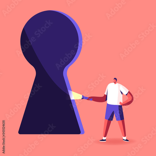 Male Character Lighting with Flashlight into Huge Dark Keyhole. Man Solving Room Escape Task, Young Person Trying to Solve Conundrum to Get Out of Trap, Playing Game. Cartoon Vector Illustration