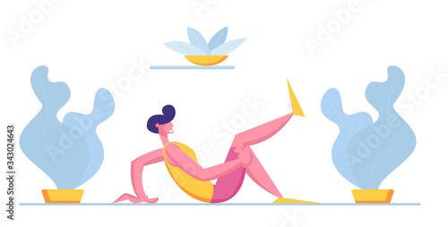 Young Man Practicing Sports Activity at Home. Male Character Stretching Legs and Arms. Flexibility Exercise, Body Relaxation Healthy Lifestyle. Sportsman Workout in Gym. Cartoon Vector Illustration