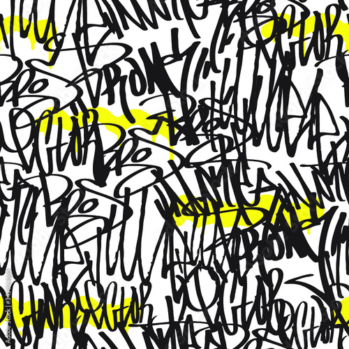 Vector tags seamless pattern. Fashion black and white graffiti hand drawing design texture in hip hop street art style for t-shirt skateboard textile