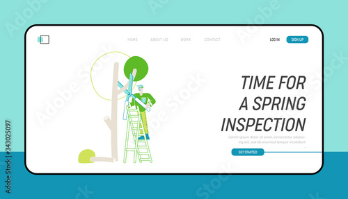 Farmer Occupation, Yardwork Landing Page Template. Worker Character Stand on Ladder Trimming Tree in Garden. Man Doing Gardener Works Prune and Cut Branches with Scissors. Linear Vector Illustration