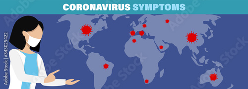 Coronavirus disease. Infographic symptoms vector illustration COVID-19 infection medical background. Dangerous asian ncov corona virus, SARS pandemic risk concept.