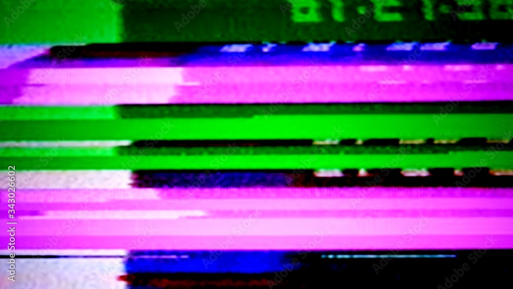 Lost signal VHS glitches and static noise color background with light TV  and monitor static lines are random glitch effects. Stock Photo