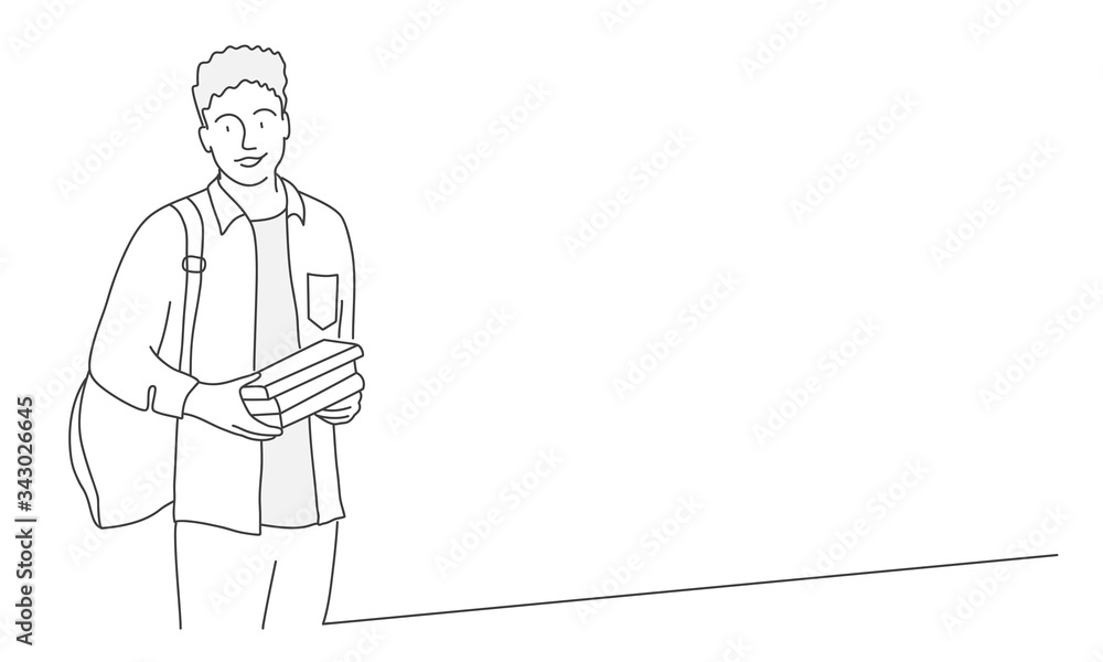 Student boy with books and backpack. Contour drawing vector illustration.