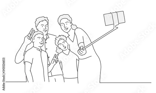 Family taking selfie with smartphone. Contour drawing vector illustration. Line art.  