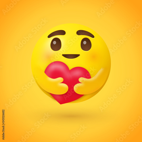 Care emoji - yellow face emoticon with large open glossy eyes hugging a red heart with both hands showing care, support, and presence
