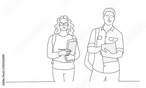 Girl and guy with books and backpack. Students. Contour drawing vector illustration. Line art. 