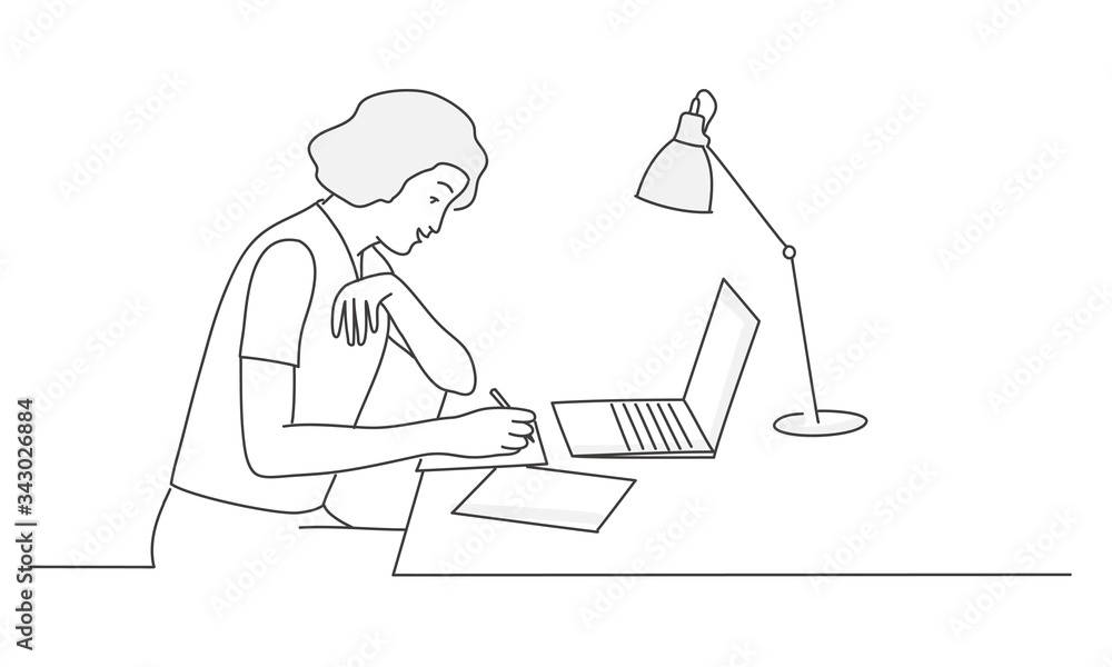 Woman sitting at desk and writs. Contour drawing vector illust Woman sitting at desk and writs. Contour drawing vector illust