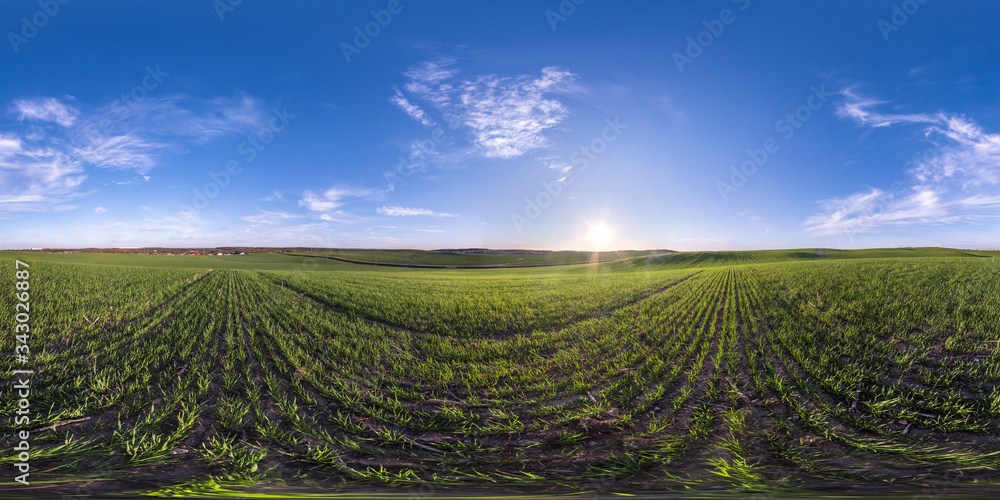 full seamless spherical hdri panorama 360 degrees angle view on among fields in spring day with awesome clouds in equirectangular projection, ready for VR AR virtual reality content