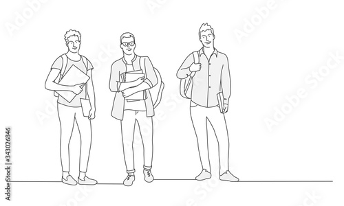 Three guys with books and backpack. Students. Contour drawing vector illustration.